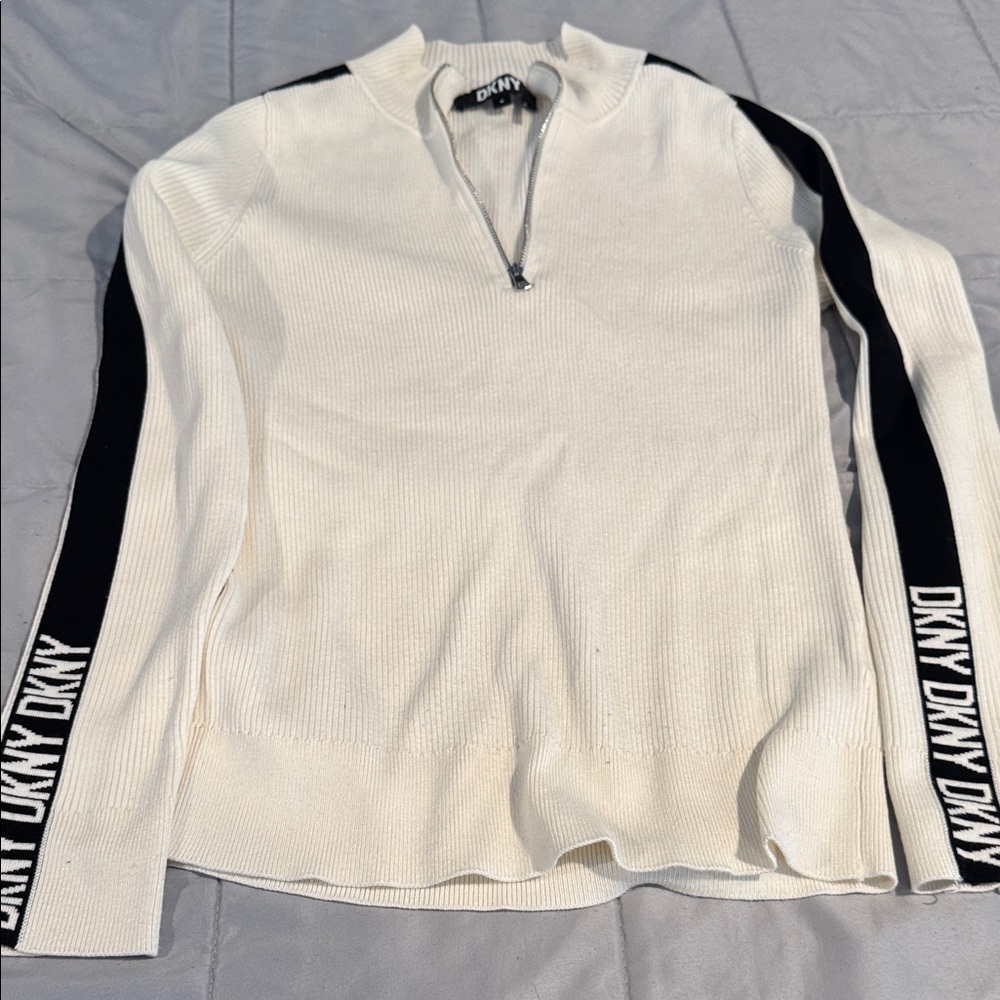 DKNY Cream and Black Zip-Up Top